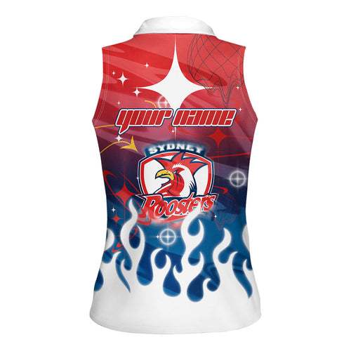 Personalized Sydney Roosters Women Sleeveless Polo Shirt Y2K Grunge Aesthetic With Cyber Flames and Starburst Graphics