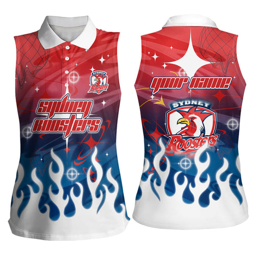 Personalized Sydney Roosters Women Sleeveless Polo Shirt Y2K Grunge Aesthetic With Cyber Flames and Starburst Graphics