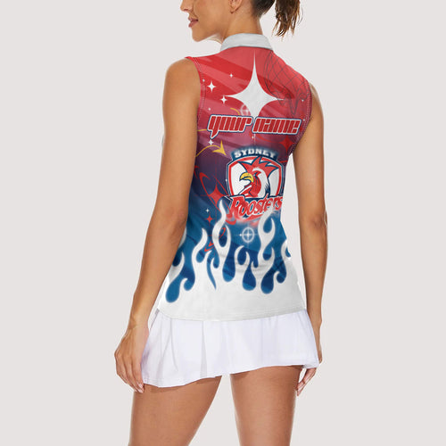 Personalized Sydney Roosters Women Sleeveless Polo Shirt Y2K Grunge Aesthetic With Cyber Flames and Starburst Graphics