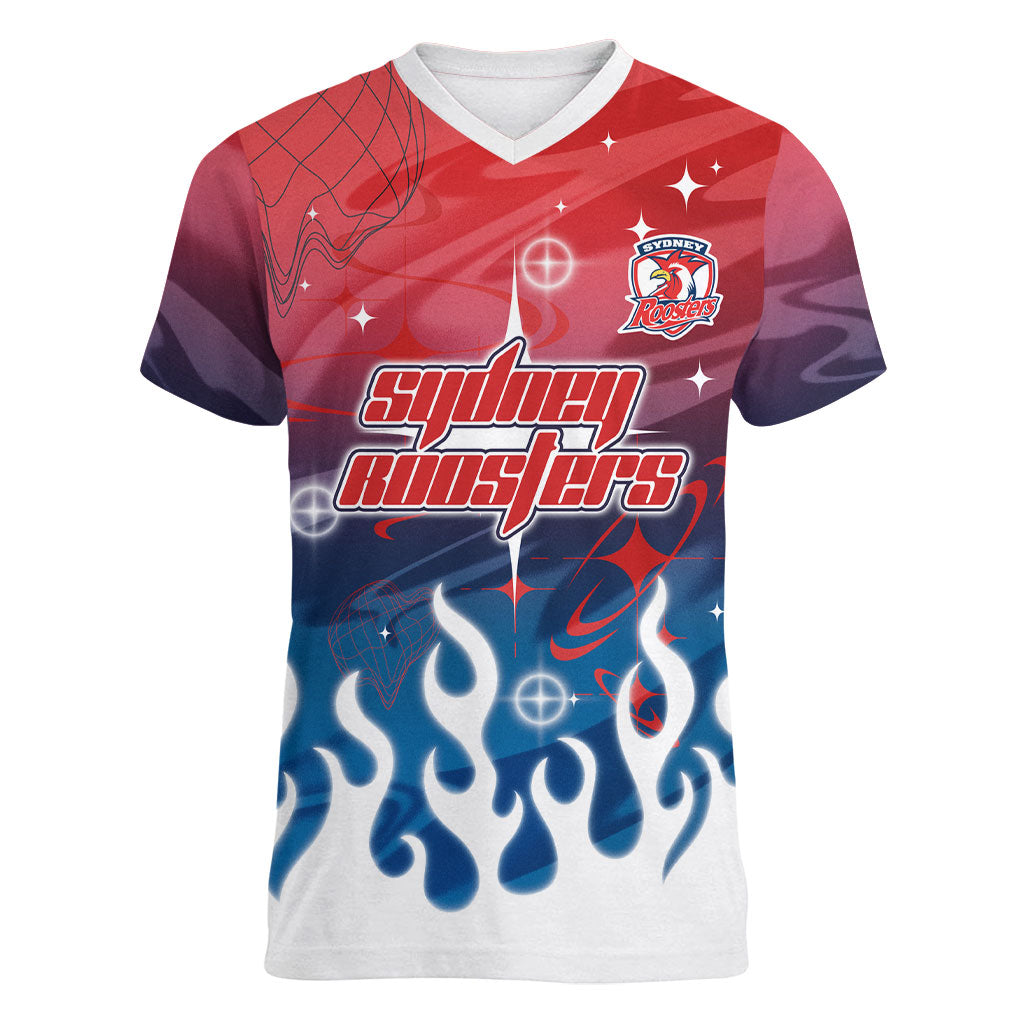 Personalized Sydney Roosters Women V-Neck T-Shirt Y2K Grunge Aesthetic With Cyber Flames and Starburst Graphics