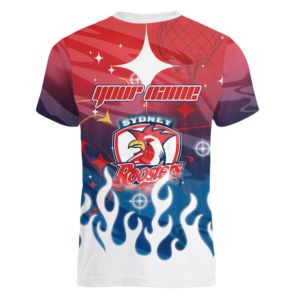 Personalized Sydney Roosters Women V-Neck T-Shirt Y2K Grunge Aesthetic With Cyber Flames and Starburst Graphics