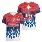 Personalized Sydney Roosters Women V-Neck T-Shirt Y2K Grunge Aesthetic With Cyber Flames and Starburst Graphics