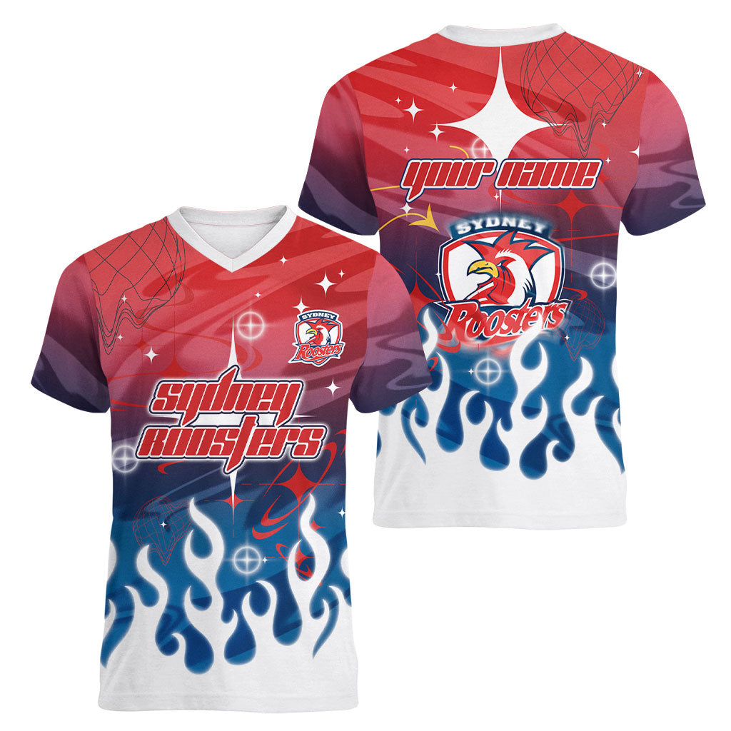 Personalized Sydney Roosters Women V-Neck T-Shirt Y2K Grunge Aesthetic With Cyber Flames and Starburst Graphics