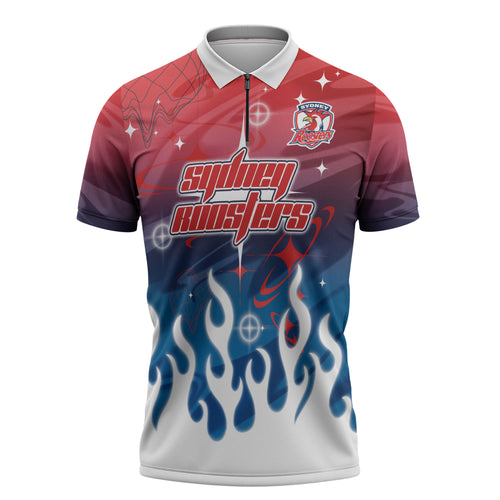Personalized Sydney Roosters Zipper Polo Shirt Y2K Grunge Aesthetic With Cyber Flames and Starburst Graphics