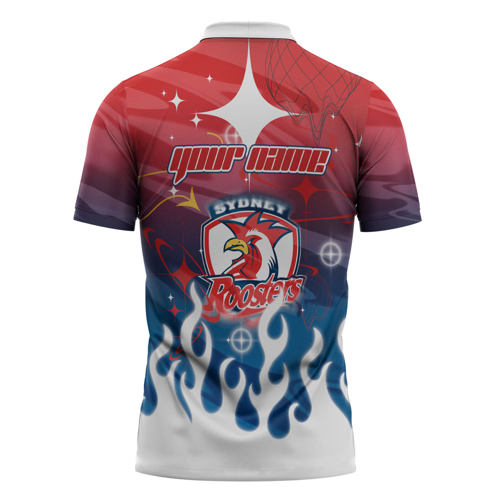 Personalized Sydney Roosters Zipper Polo Shirt Y2K Grunge Aesthetic With Cyber Flames and Starburst Graphics