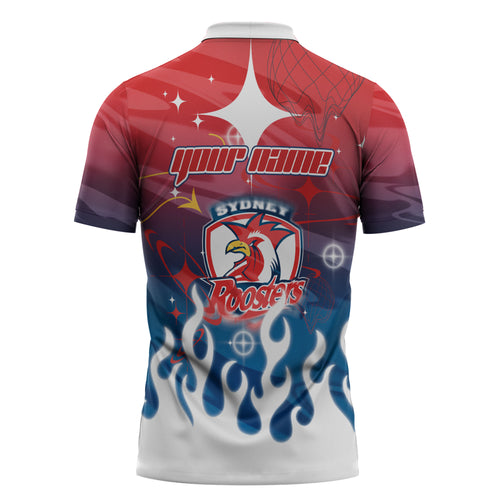 Personalized Sydney Roosters Zipper Polo Shirt Y2K Grunge Aesthetic With Cyber Flames and Starburst Graphics