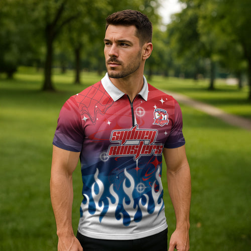 Personalized Sydney Roosters Zipper Polo Shirt Y2K Grunge Aesthetic With Cyber Flames and Starburst Graphics