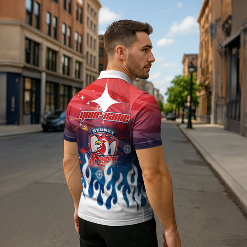 Personalized Sydney Roosters Zipper Polo Shirt Y2K Grunge Aesthetic With Cyber Flames and Starburst Graphics