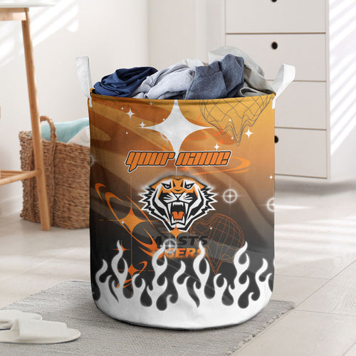 Personalized Wests Tigers Laundry Basket Y2K Grunge Aesthetic With Cyber Flames and Starburst Graphics