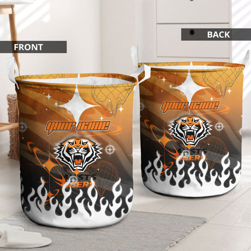 Personalized Wests Tigers Laundry Basket Y2K Grunge Aesthetic With Cyber Flames and Starburst Graphics