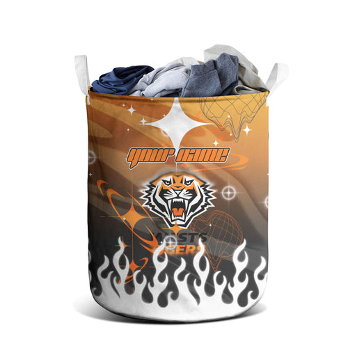 Personalized Wests Tigers Laundry Basket Y2K Grunge Aesthetic With Cyber Flames and Starburst Graphics