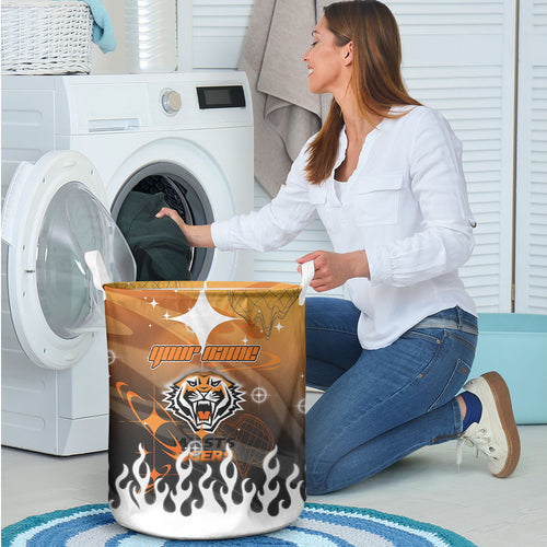 Personalized Wests Tigers Laundry Basket Y2K Grunge Aesthetic With Cyber Flames and Starburst Graphics
