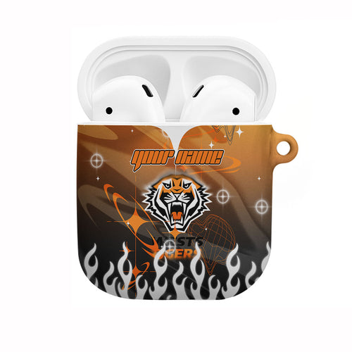 Personalized Wests Tigers AirPods Case Y2K Grunge Aesthetic With Cyber Flames and Starburst Graphics