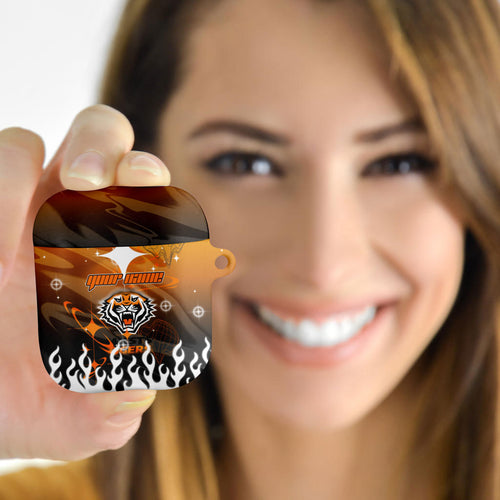 Personalized Wests Tigers AirPods Case Y2K Grunge Aesthetic With Cyber Flames and Starburst Graphics