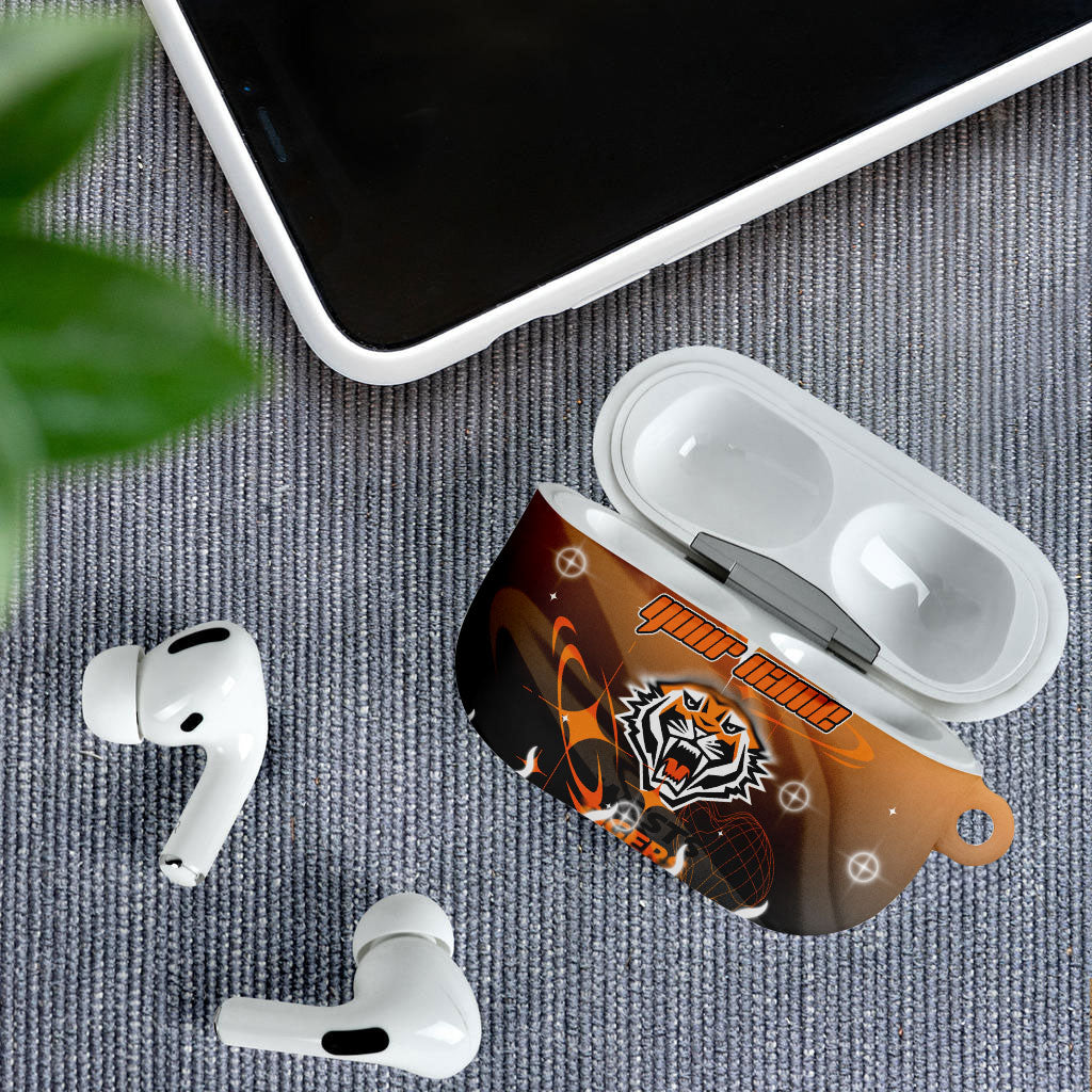 Personalized Wests Tigers AirPods Case Y2K Grunge Aesthetic With Cyber Flames and Starburst Graphics