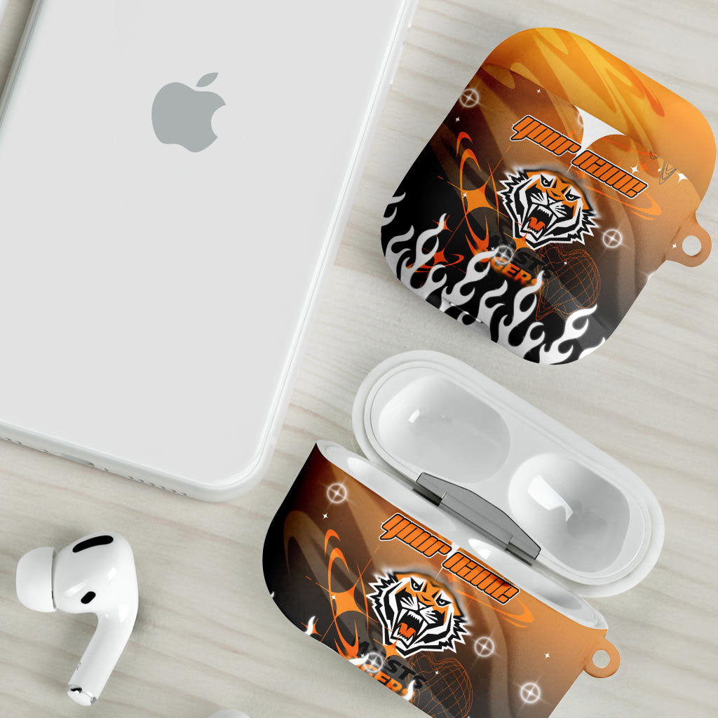 Personalized Wests Tigers AirPods Case Y2K Grunge Aesthetic With Cyber Flames and Starburst Graphics