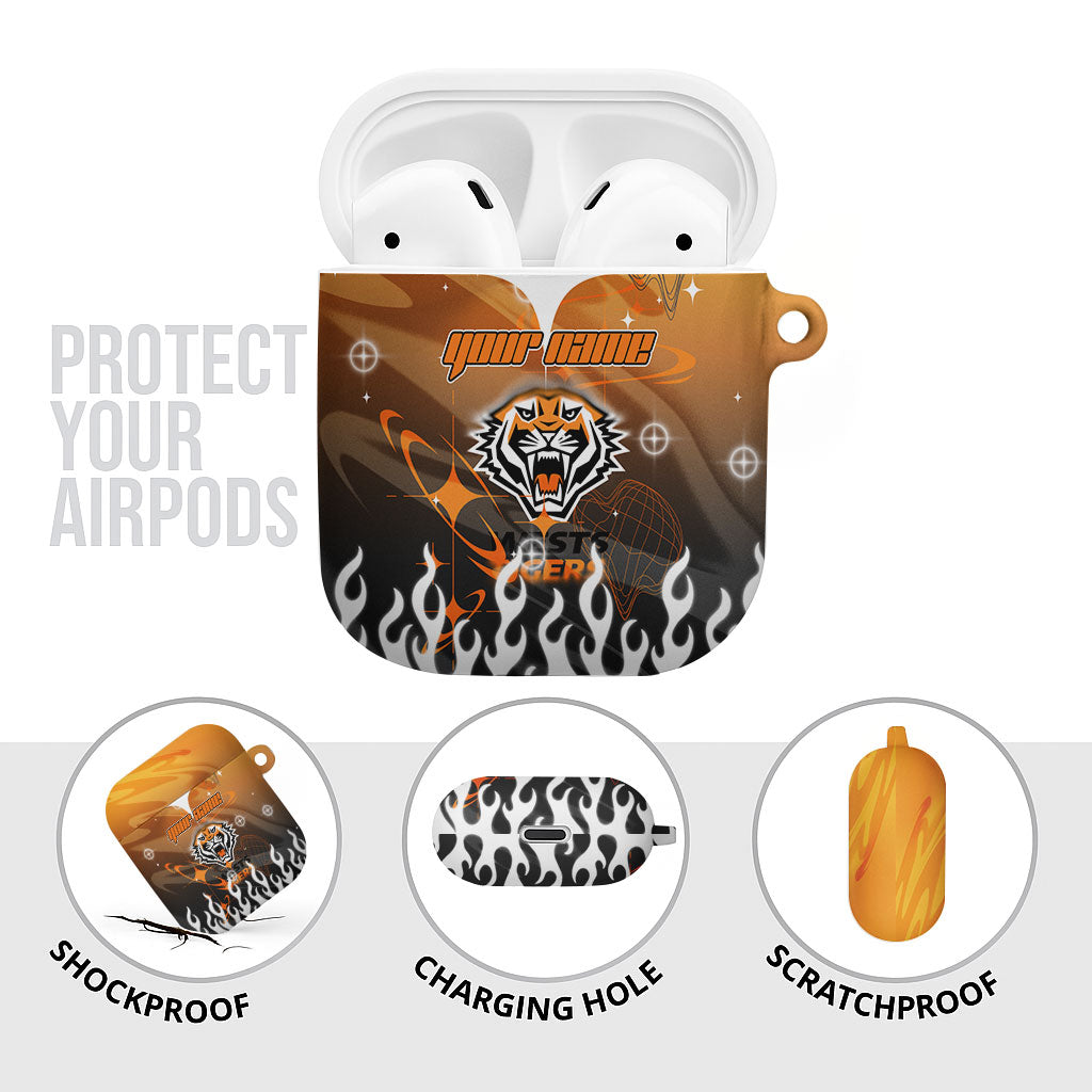 Personalized Wests Tigers AirPods Case Y2K Grunge Aesthetic With Cyber Flames and Starburst Graphics