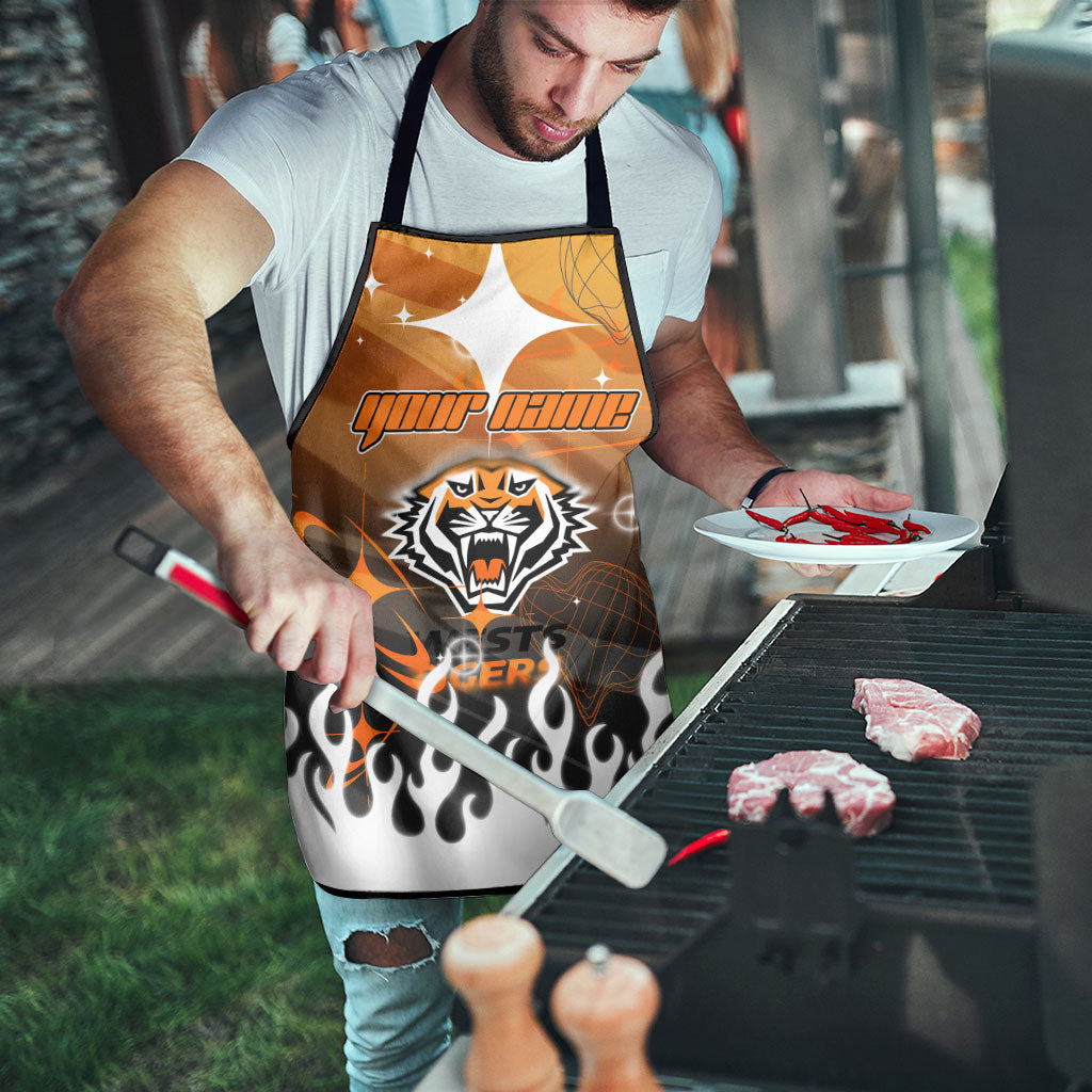 Personalized Wests Tigers Apron Y2K Grunge Aesthetic With Cyber Flames and Starburst Graphics