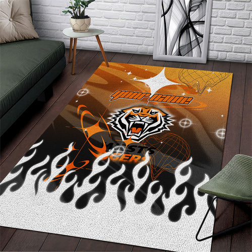 Personalized Wests Tigers Area Rug Y2K Grunge Aesthetic With Cyber Flames and Starburst Graphics