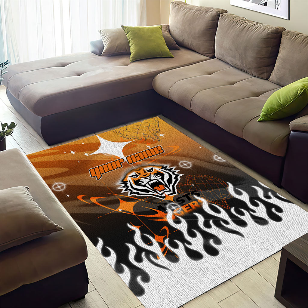 Personalized Wests Tigers Area Rug Y2K Grunge Aesthetic With Cyber Flames and Starburst Graphics