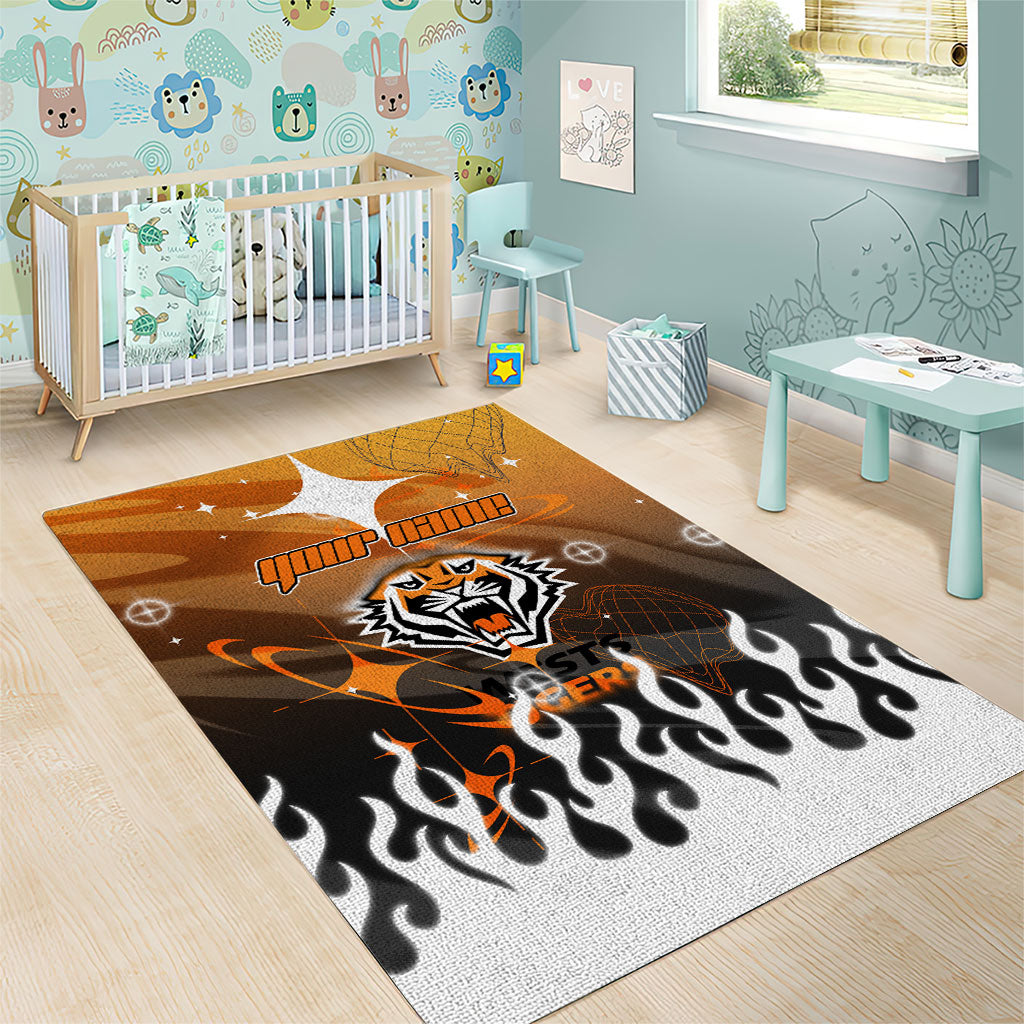 Personalized Wests Tigers Area Rug Y2K Grunge Aesthetic With Cyber Flames and Starburst Graphics