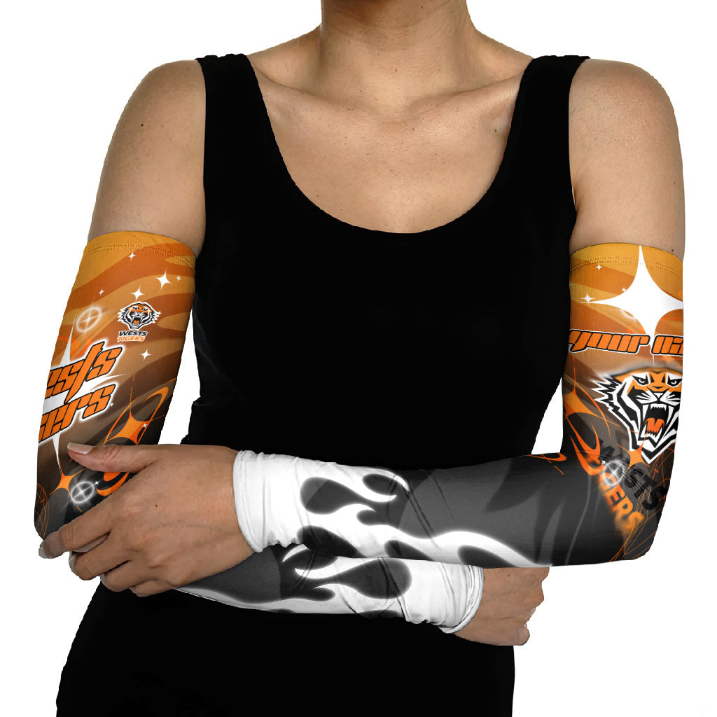 Personalized Wests Tigers Arm Sleeves Y2K Grunge Aesthetic With Cyber Flames and Starburst Graphics