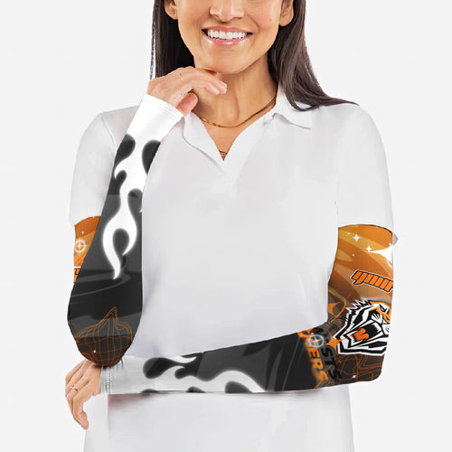 Personalized Wests Tigers Arm Sleeves Y2K Grunge Aesthetic With Cyber Flames and Starburst Graphics