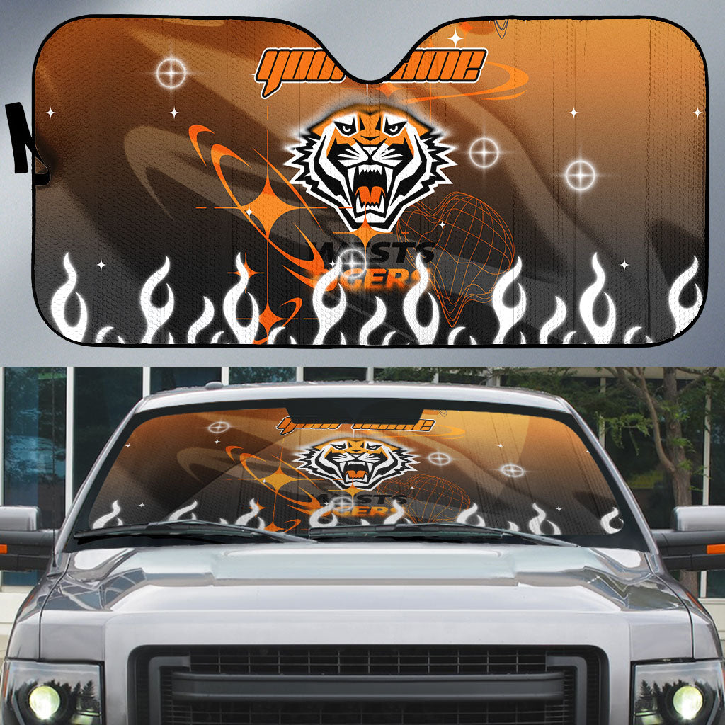 Personalized Wests Tigers Auto Sun Shade Y2K Grunge Aesthetic With Cyber Flames and Starburst Graphics