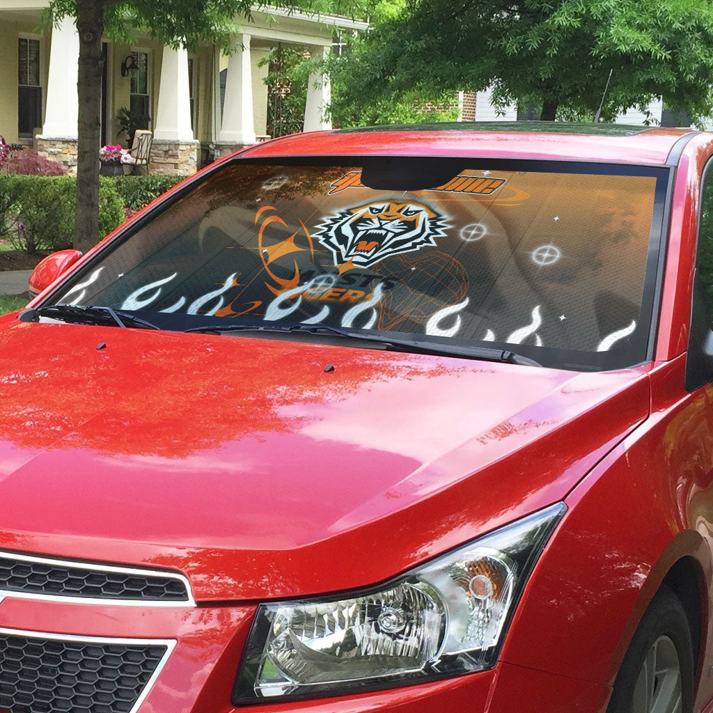 Personalized Wests Tigers Auto Sun Shade Y2K Grunge Aesthetic With Cyber Flames and Starburst Graphics