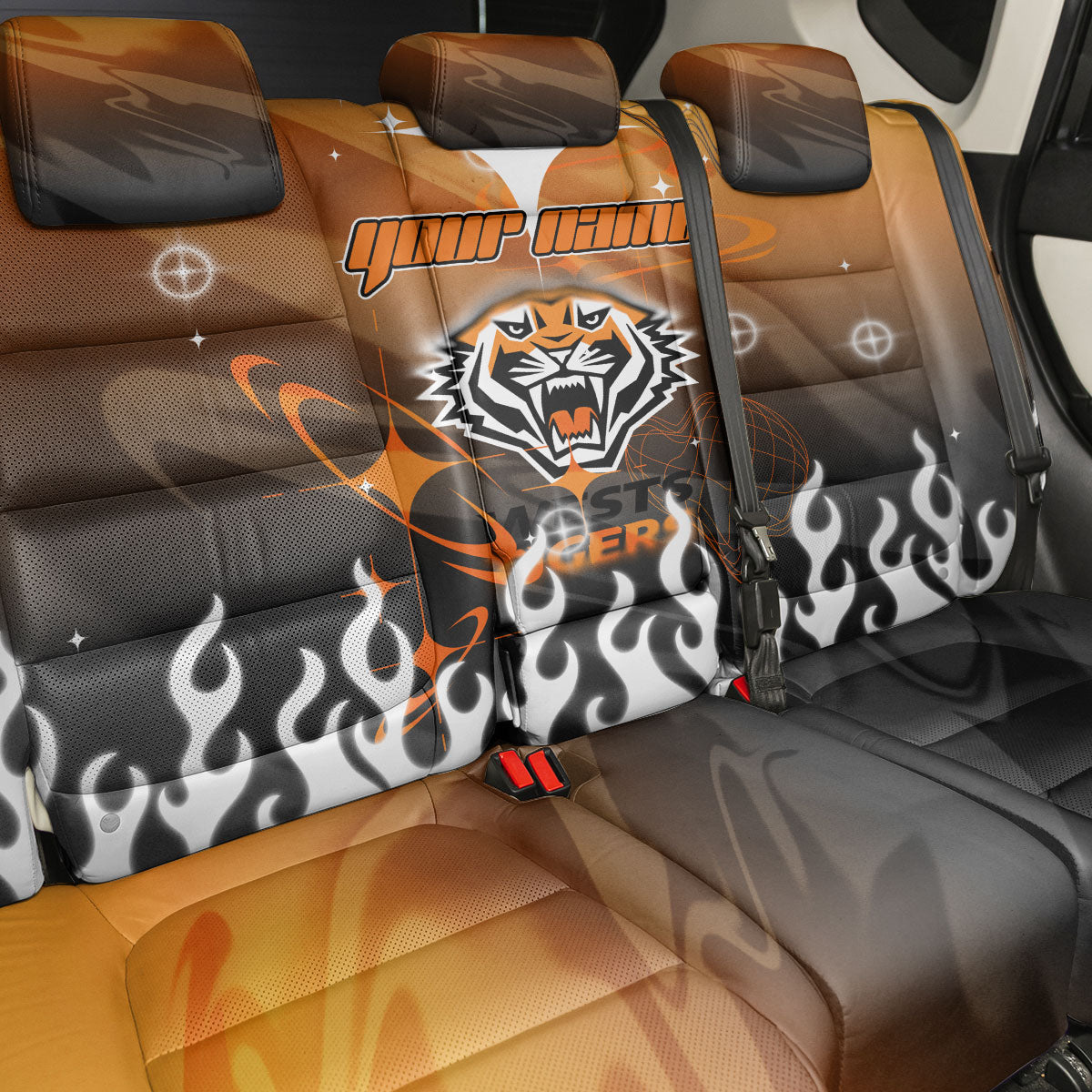 Personalized Wests Tigers Back Car Seat Cover Y2K Grunge Aesthetic With Cyber Flames and Starburst Graphics