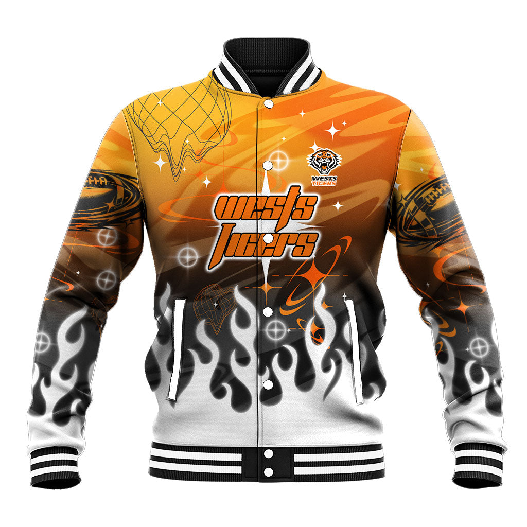 Personalized Wests Tigers Baseball Jacket Y2K Grunge Aesthetic With Cyber Flames and Starburst Graphics