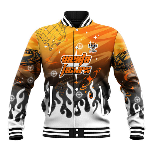 Personalized Wests Tigers Baseball Jacket Y2K Grunge Aesthetic With Cyber Flames and Starburst Graphics