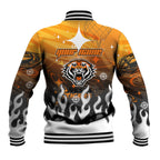 Personalized Wests Tigers Baseball Jacket Y2K Grunge Aesthetic With Cyber Flames and Starburst Graphics