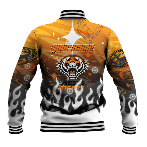 Personalized Wests Tigers Baseball Jacket Y2K Grunge Aesthetic With Cyber Flames and Starburst Graphics