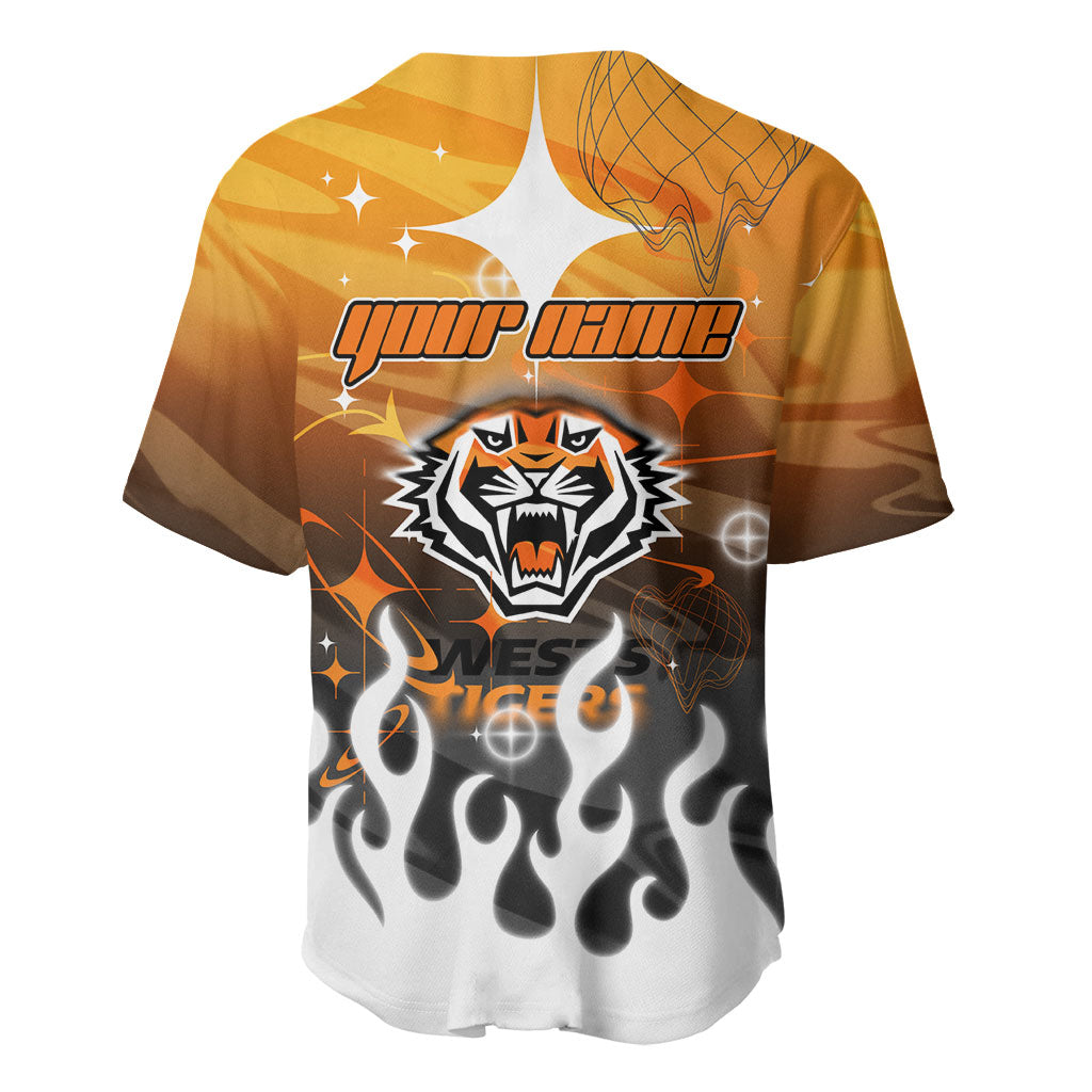 Personalized Wests Tigers Baseball Jersey Y2K Grunge Aesthetic With Cyber Flames and Starburst Graphics