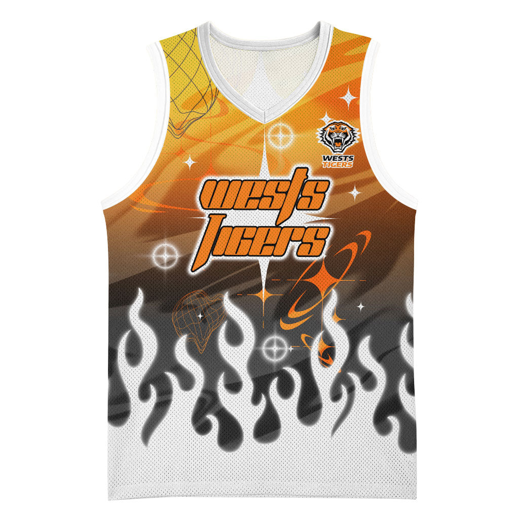 Personalized Wests Tigers Basketball Jersey Y2K Grunge Aesthetic With Cyber Flames and Starburst Graphics