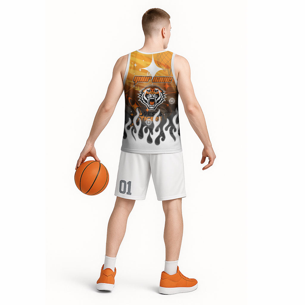 Personalized Wests Tigers Basketball Jersey Y2K Grunge Aesthetic With Cyber Flames and Starburst Graphics