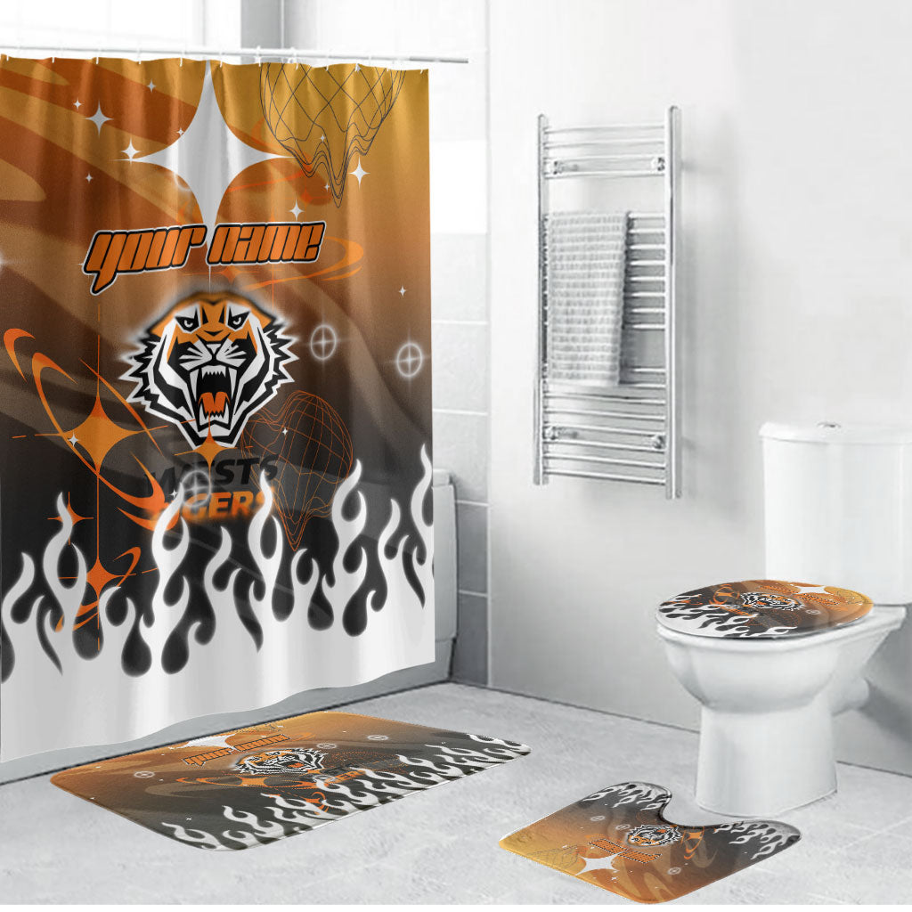 Personalized Wests Tigers Bathroom Set Y2K Grunge Aesthetic With Cyber Flames and Starburst Graphics