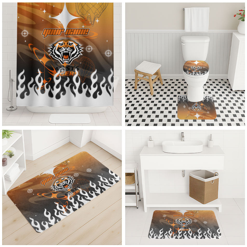 Personalized Wests Tigers Bathroom Set Y2K Grunge Aesthetic With Cyber Flames and Starburst Graphics