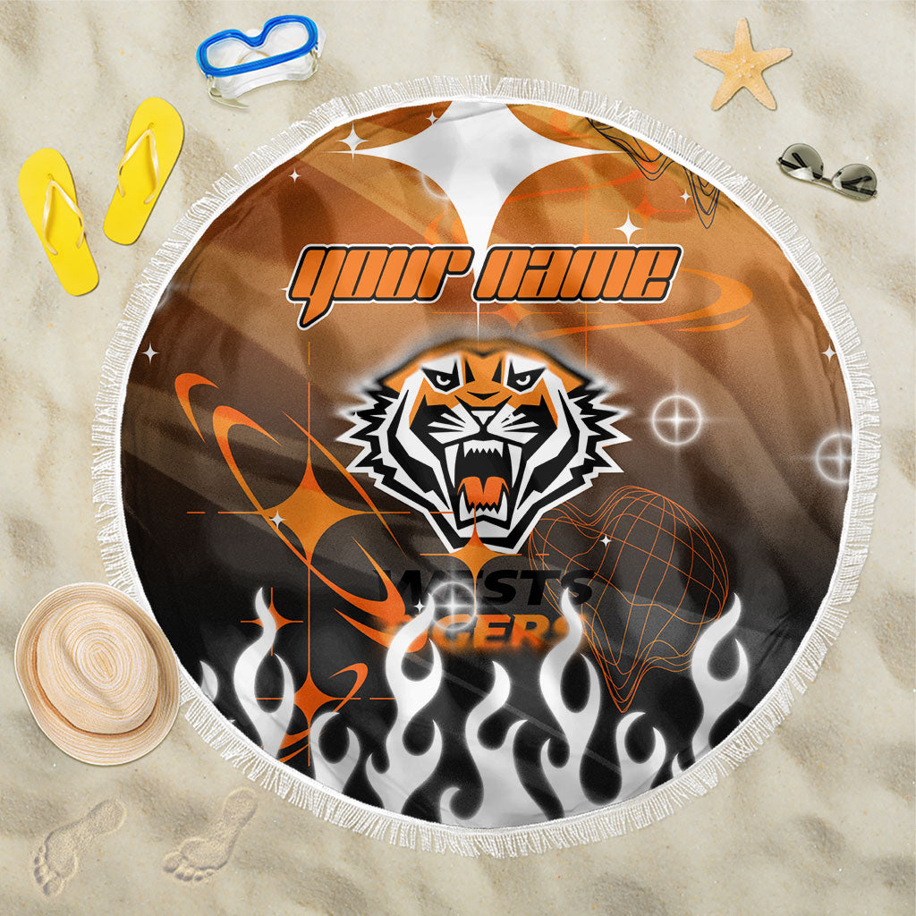 Personalized Wests Tigers Beach Blanket Y2K Grunge Aesthetic With Cyber Flames and Starburst Graphics