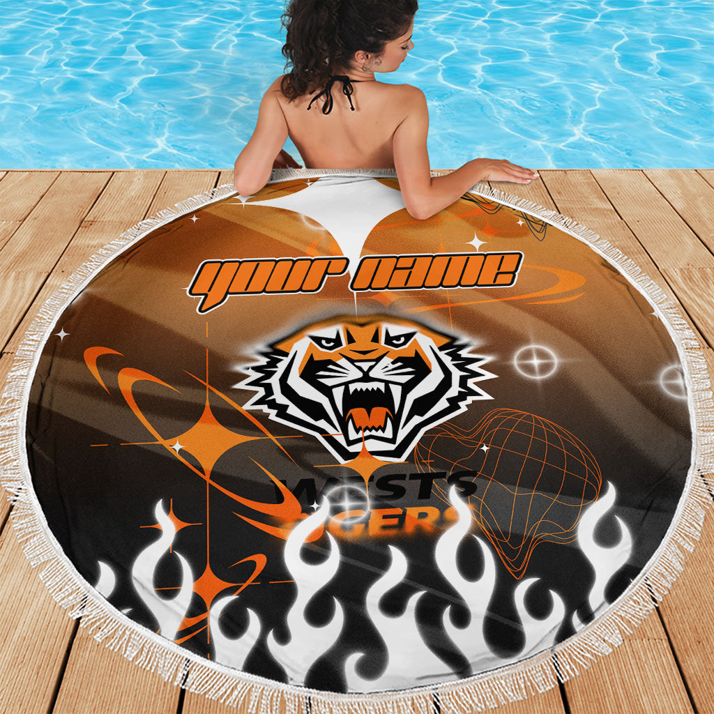 Personalized Wests Tigers Beach Blanket Y2K Grunge Aesthetic With Cyber Flames and Starburst Graphics