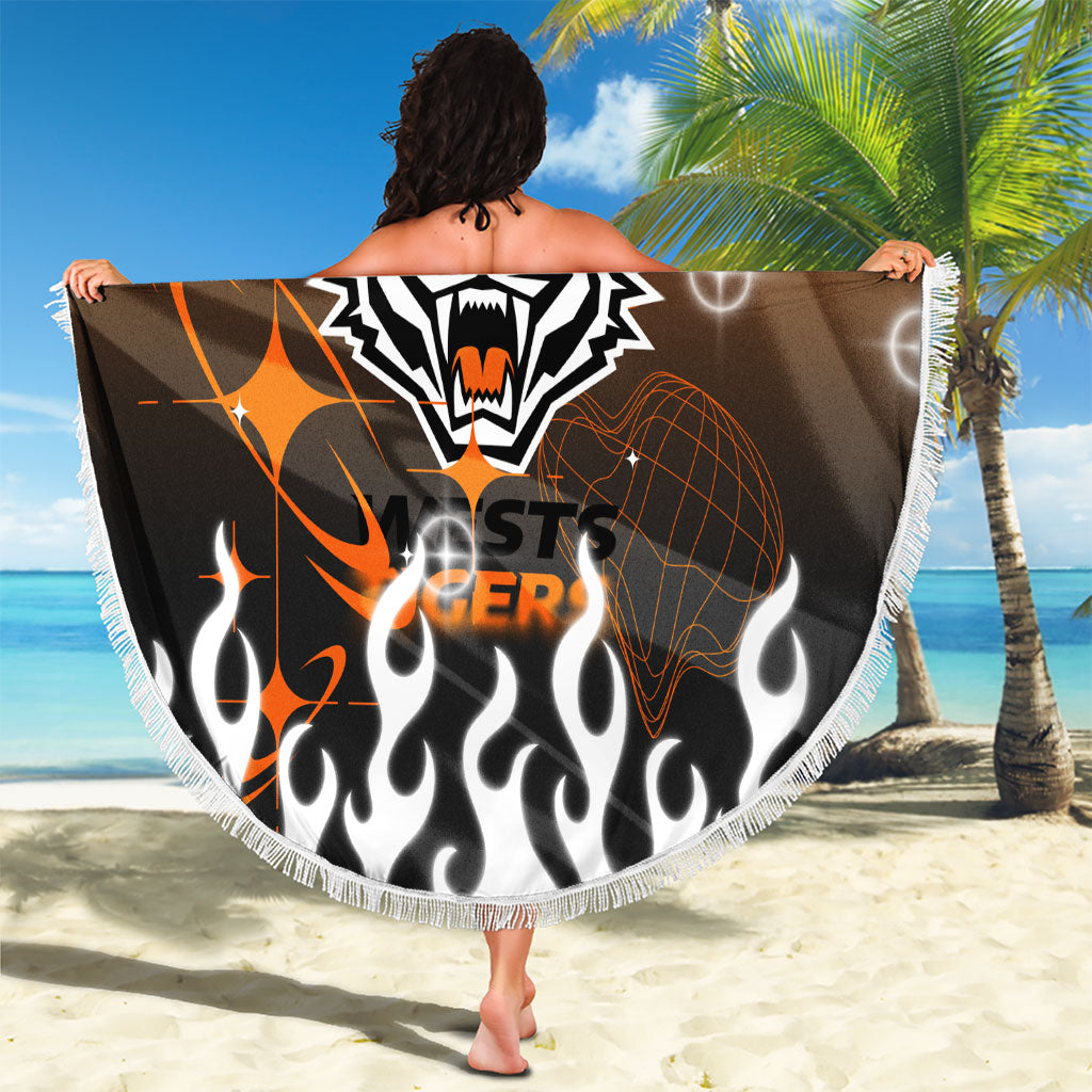 Personalized Wests Tigers Beach Blanket Y2K Grunge Aesthetic With Cyber Flames and Starburst Graphics