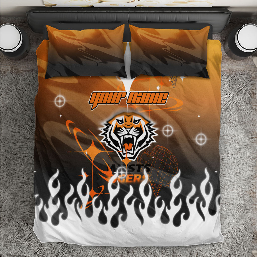 Personalized Wests Tigers Bedding Set Y2K Grunge Aesthetic With Cyber Flames and Starburst Graphics