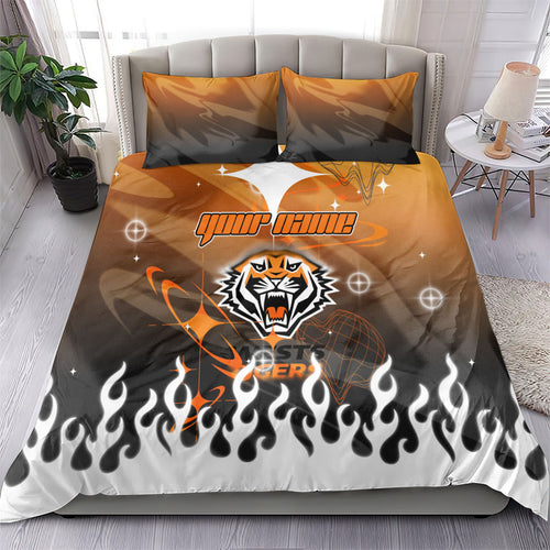 Personalized Wests Tigers Bedding Set Y2K Grunge Aesthetic With Cyber Flames and Starburst Graphics