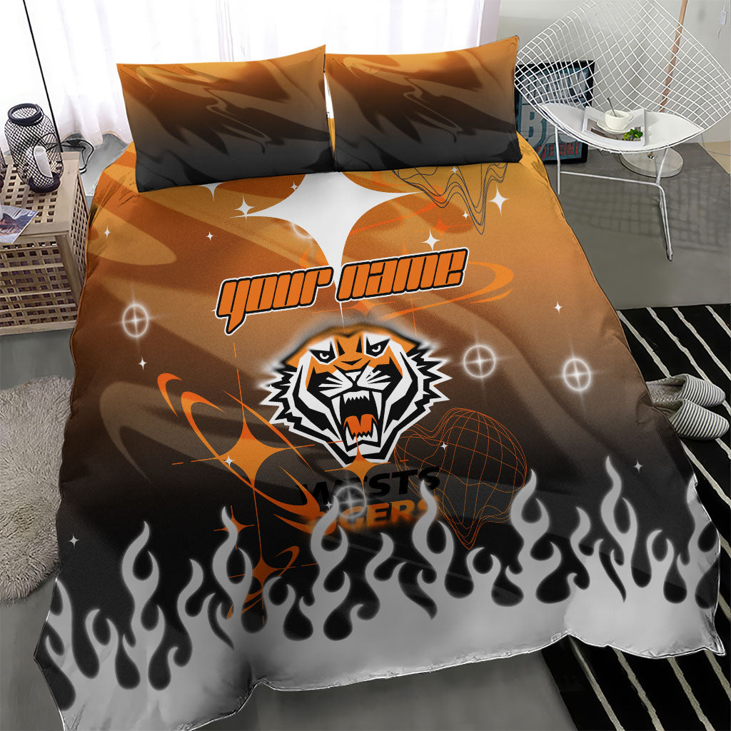 Personalized Wests Tigers Bedding Set Y2K Grunge Aesthetic With Cyber Flames and Starburst Graphics