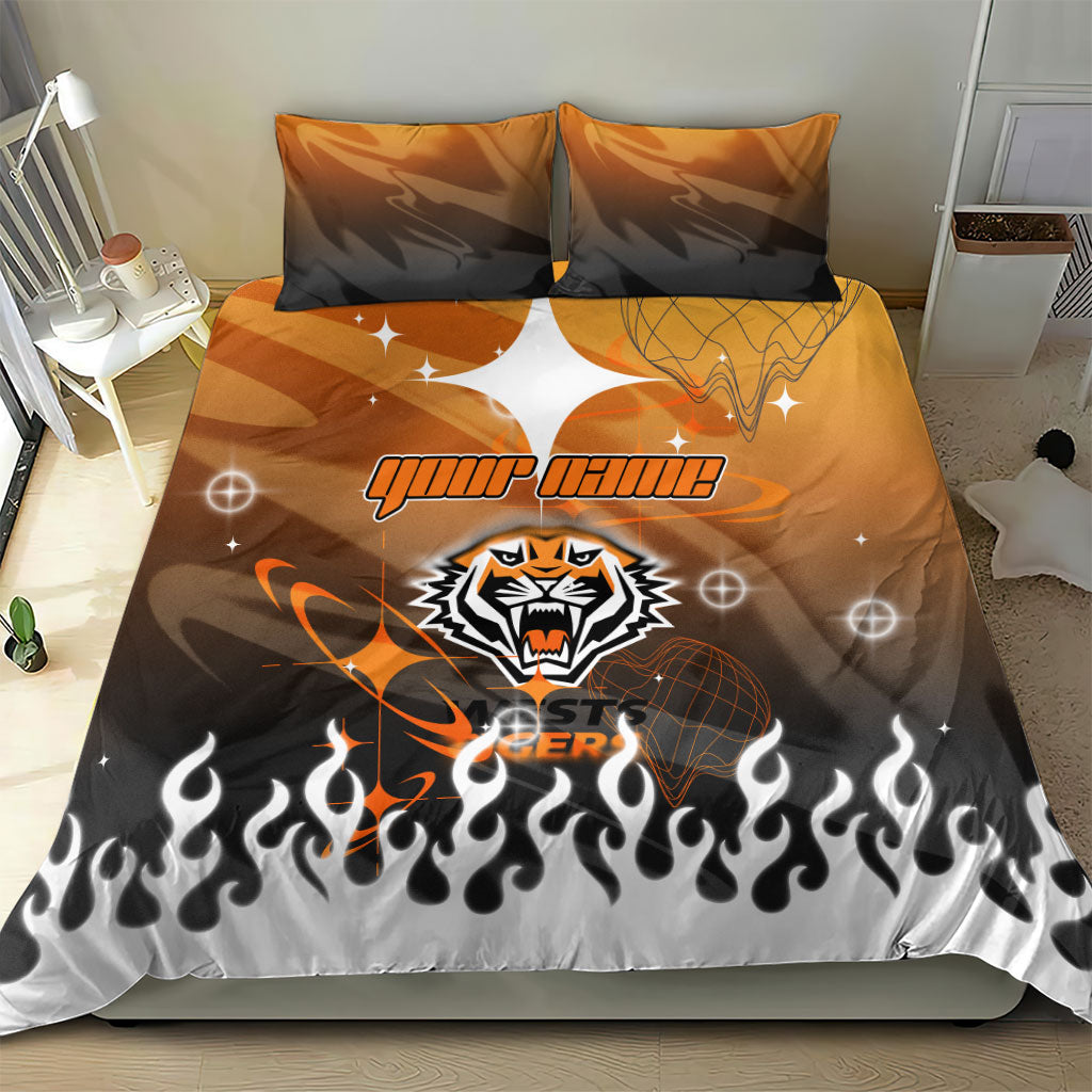Personalized Wests Tigers Bedding Set Y2K Grunge Aesthetic With Cyber Flames and Starburst Graphics