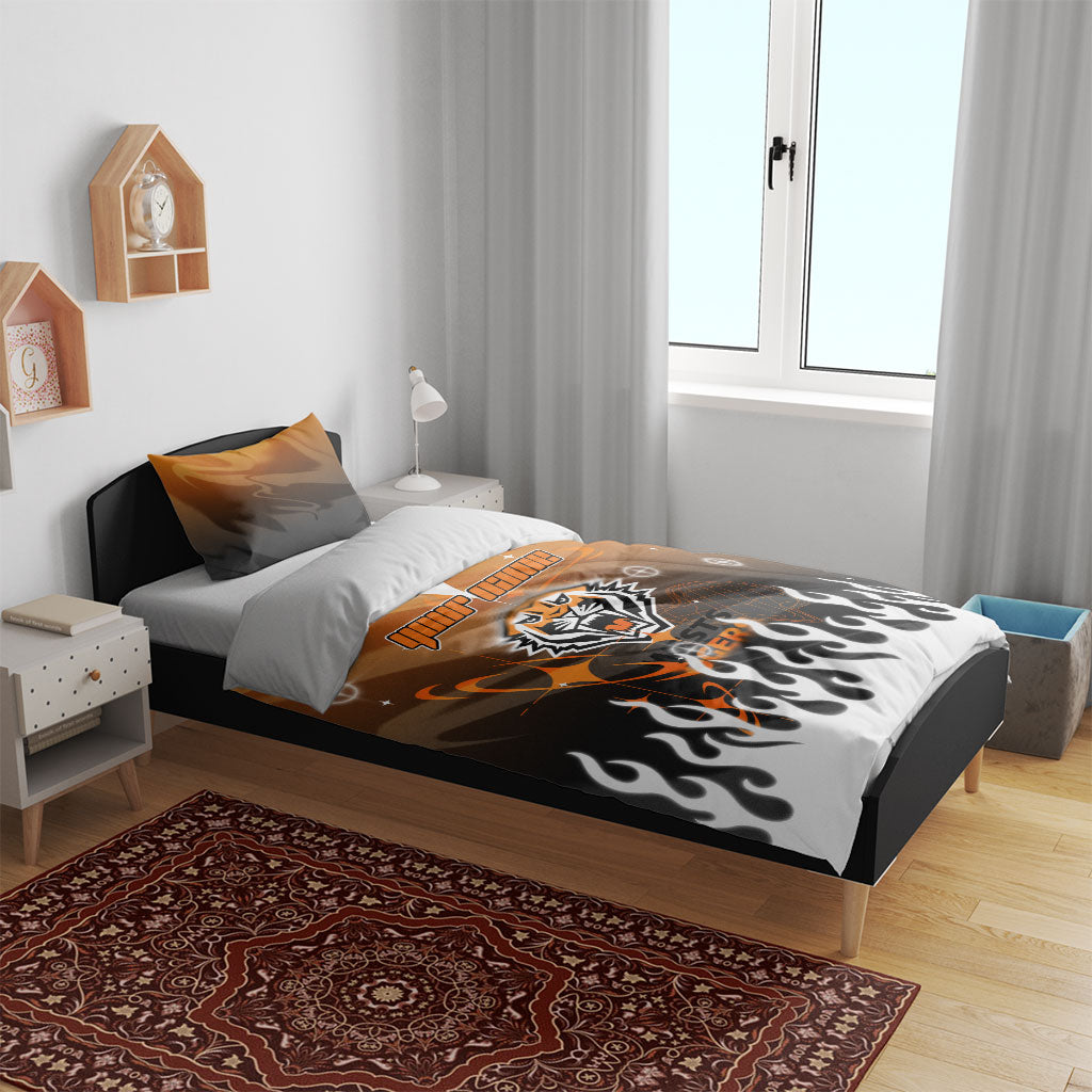 Personalized Wests Tigers Bedding Set Y2K Grunge Aesthetic With Cyber Flames and Starburst Graphics