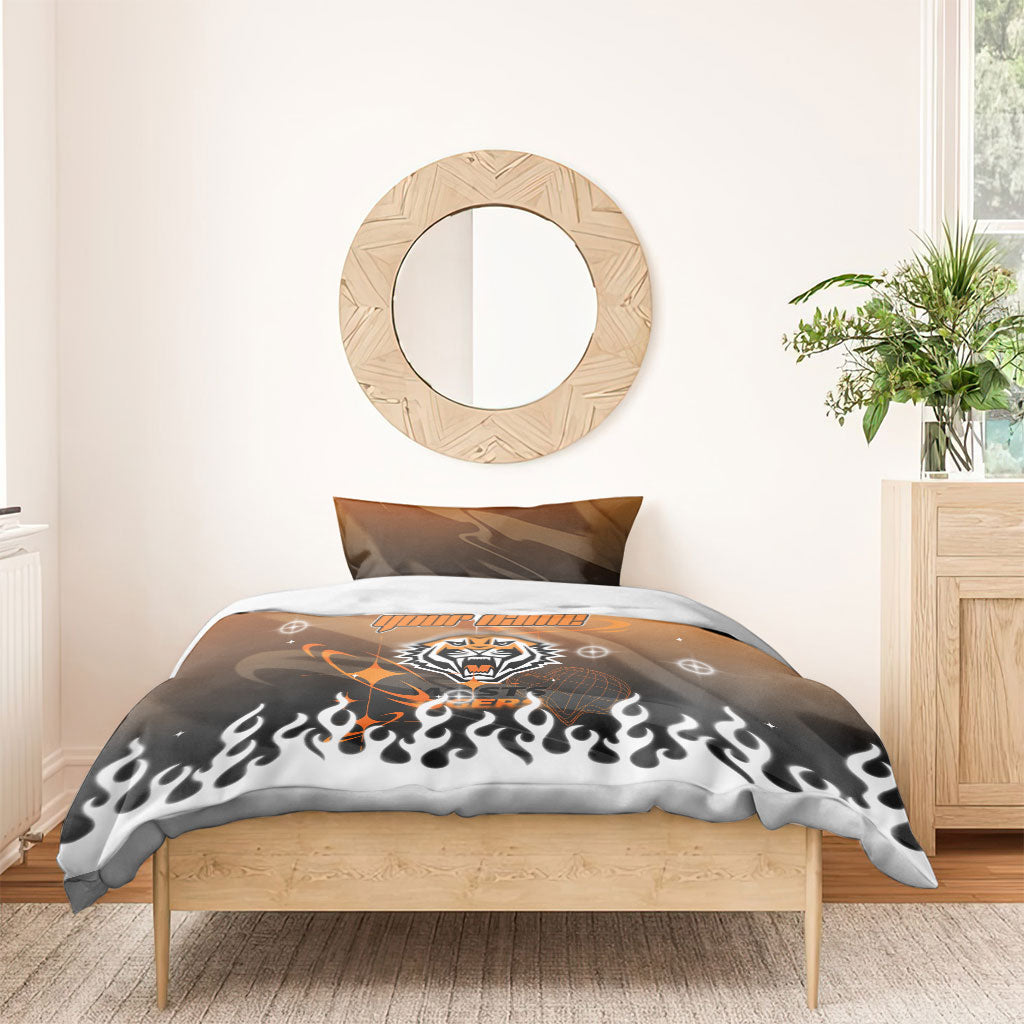 Personalized Wests Tigers Bedding Set Y2K Grunge Aesthetic With Cyber Flames and Starburst Graphics