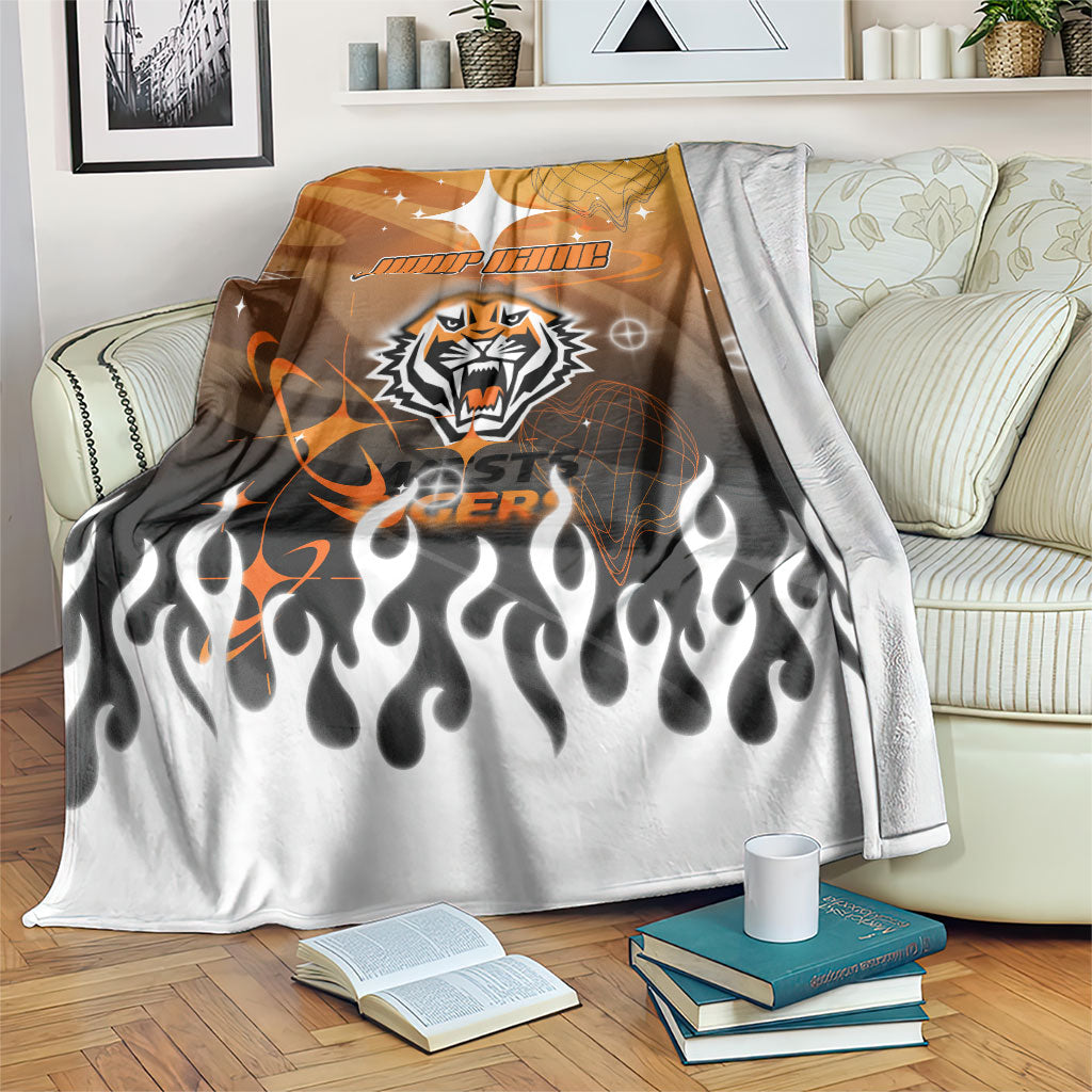 Personalized Wests Tigers Blanket Y2K Grunge Aesthetic With Cyber Flames and Starburst Graphics