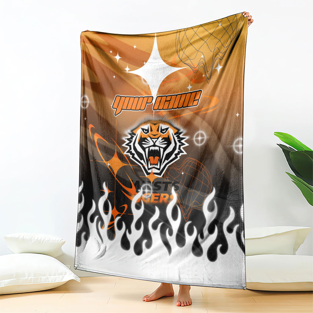 Personalized Wests Tigers Blanket Y2K Grunge Aesthetic With Cyber Flames and Starburst Graphics